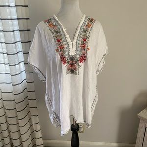 Johnny Was White Short Sleeve Embroidered Tunic Size XL Floral Linen